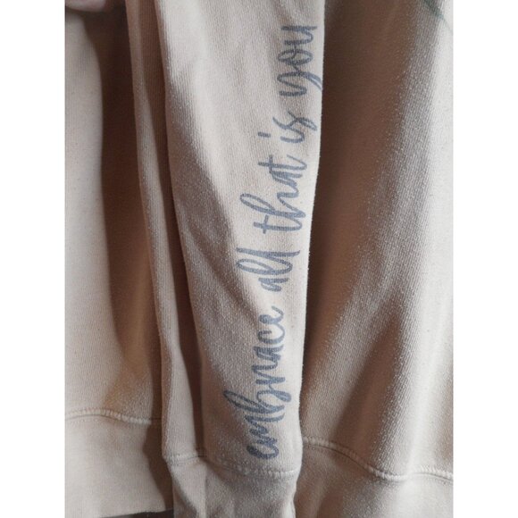 Crew neck sweatshirt Tan  blue floral embrace all that is you sleeve Sz s/m - Picture 3 of 5